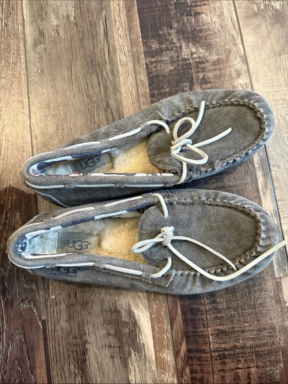 UGG Kids Gray Suede Moccasins with Bow Accent